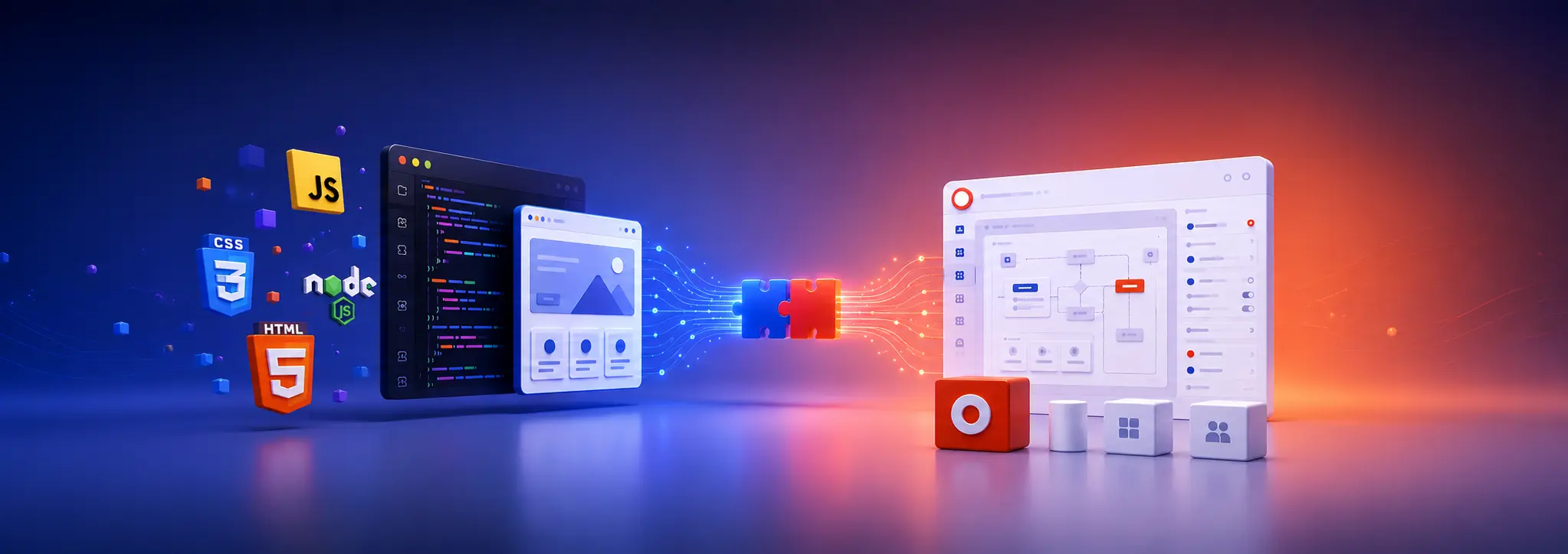 3D illustration of frontend technologies — HTML, CSS, JavaScript, Node — connecting via puzzle pieces to an OutSystems application